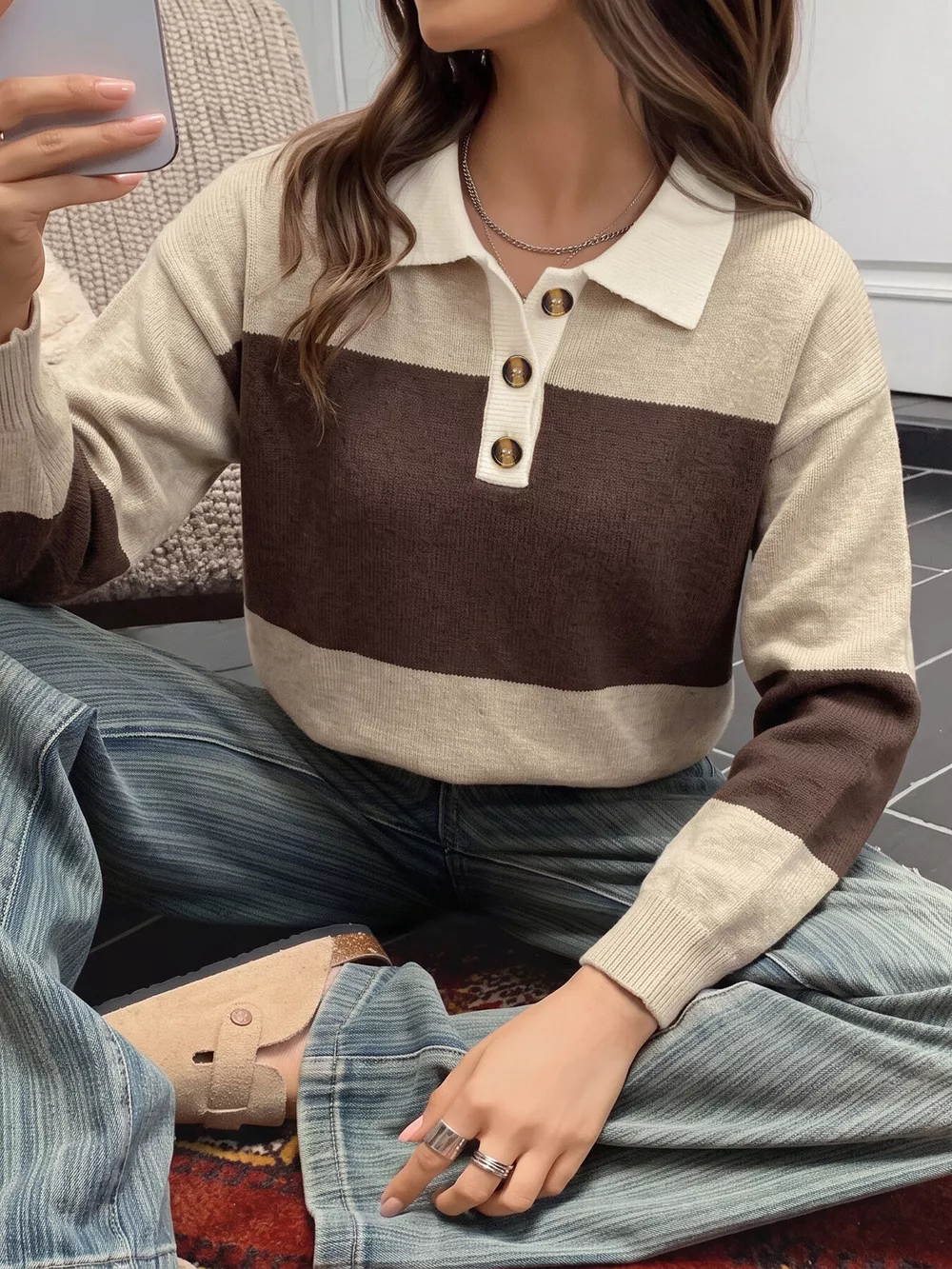 Color Block Polo Collar Sweater, image 3