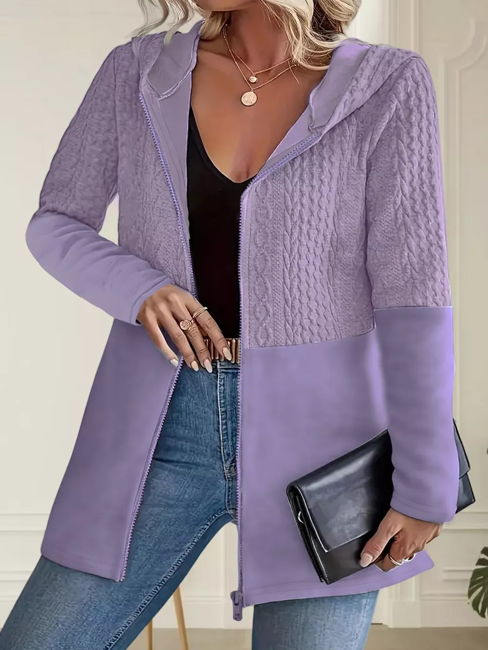 Full Size Textured Hooded Zip-Up Jacket Plus Size, image 7