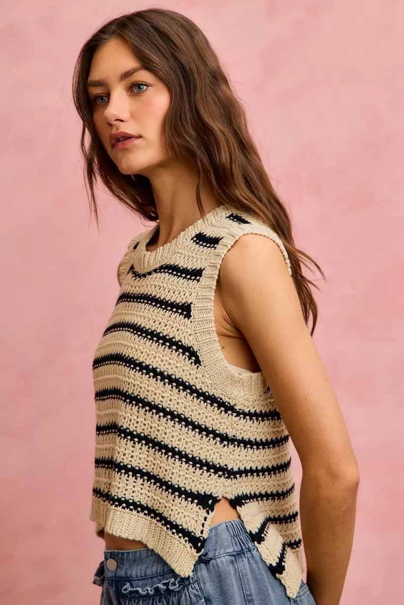 Low Gauge Textured Stripe Sleeveless Sweater Top, image 2