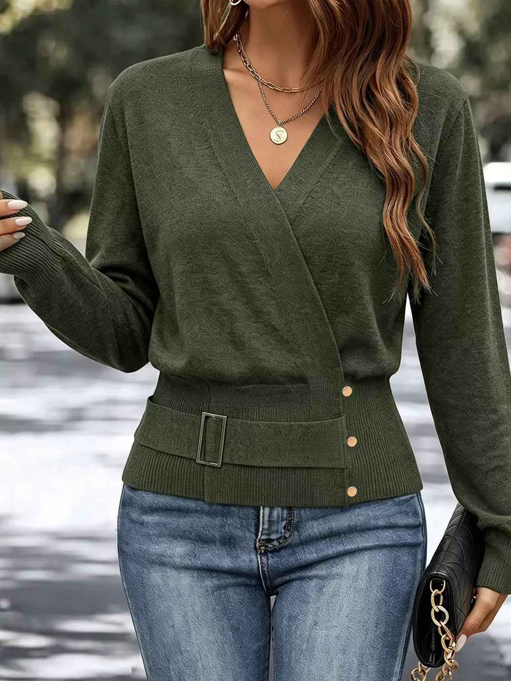 Surplice Elastic Waist Long Sleeve Knit Top, image 29