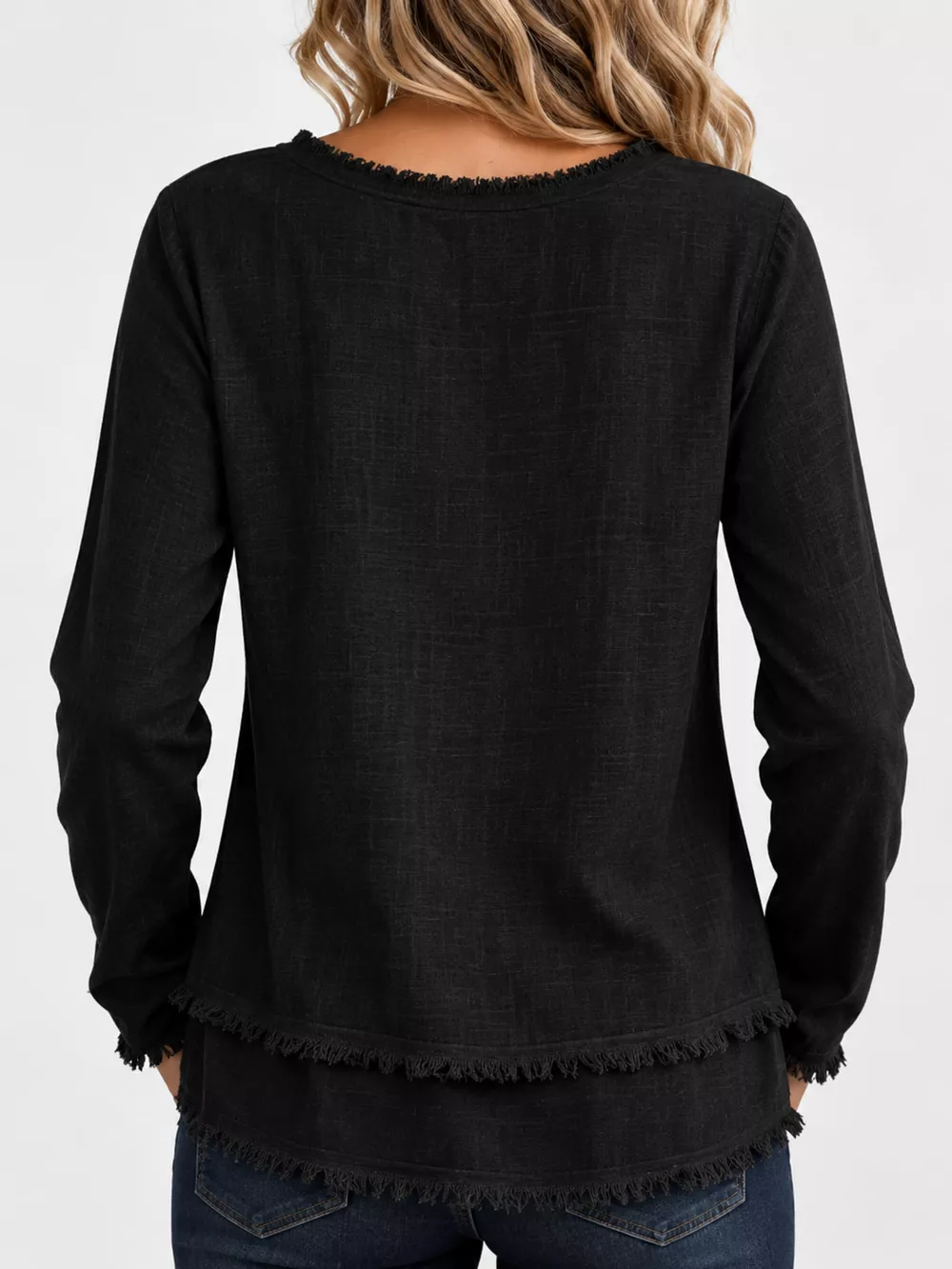 Full Size Frayed Hem V-Neck Blouse Plus Size, image 13
