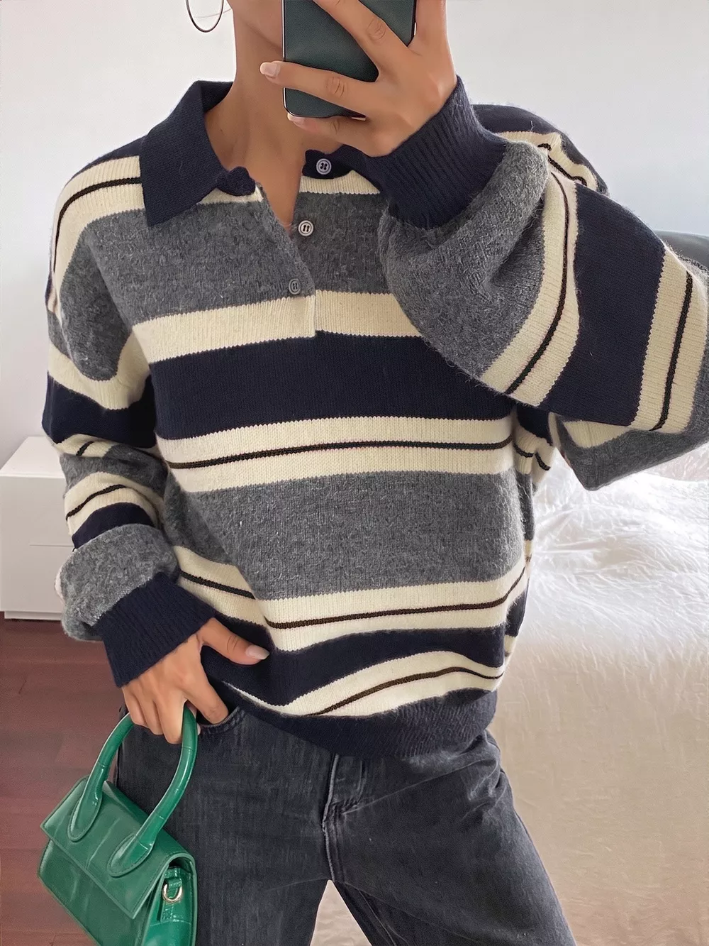 Striped Long Sleeve Button Detail Sweater, image 2