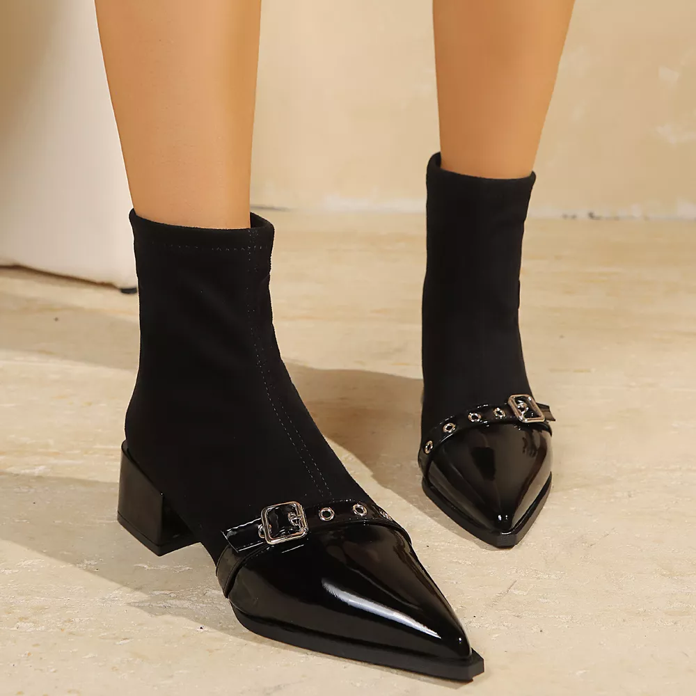 Chic Pointed Toe Sock Boots with Buckle Detail, image 2
