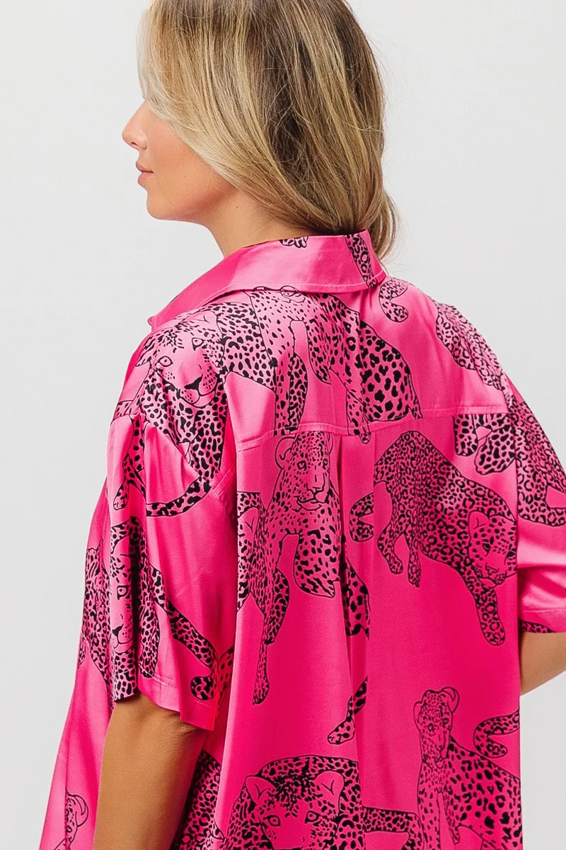 Leopard Print Short Sleeve Silky Satin Shirt Top, image 2