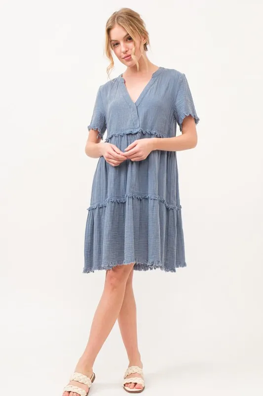 Washed Frayed Detail Tiered Dress, image 5