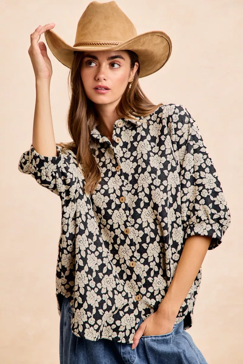 Floral Jacquard Short Dolman Sleeves Shirt, image 2