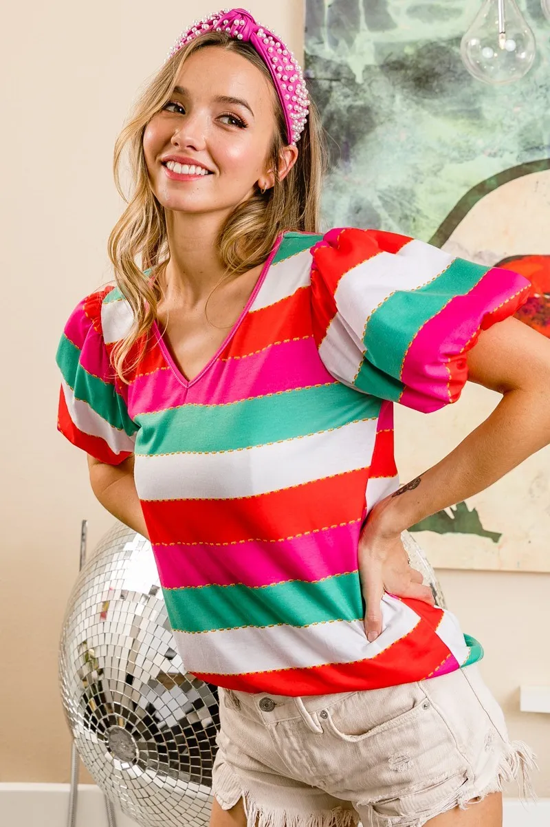 Multi Stripe Color Print Puff Sleeves V Neck Top, image 2