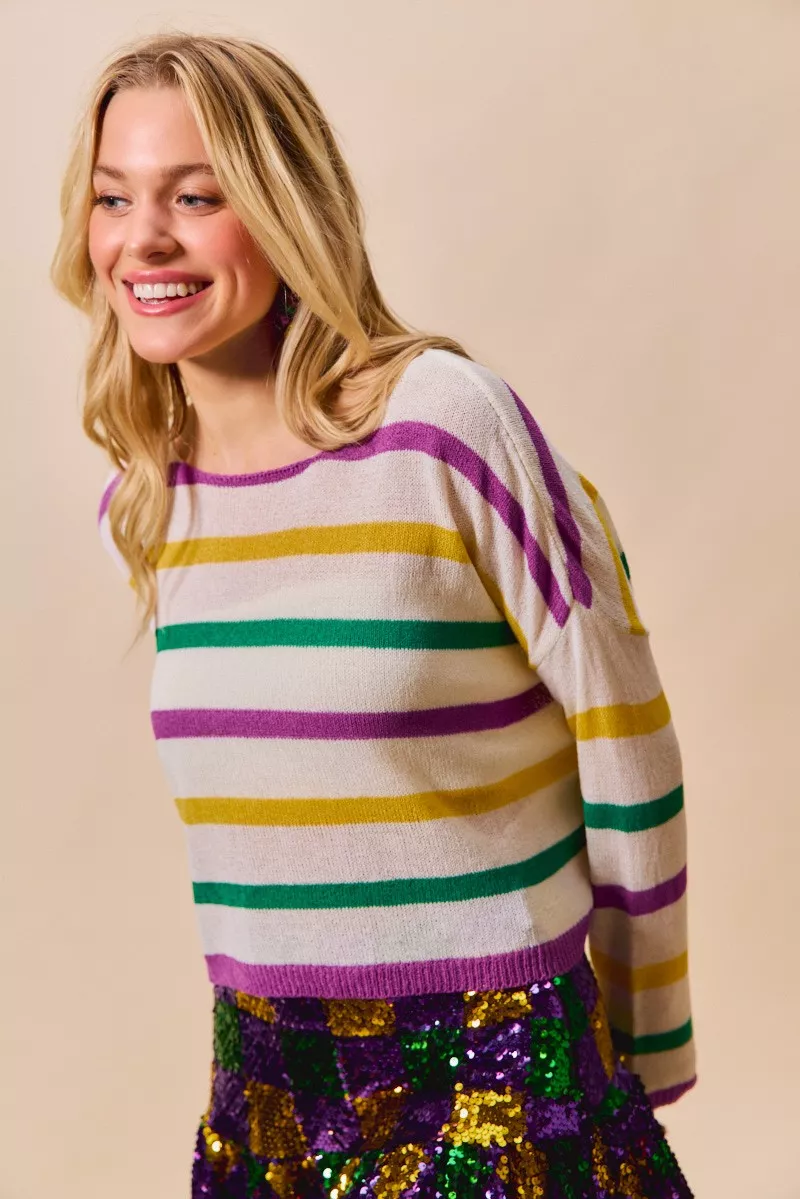 Mardi Gras Color Stripe Lightweight Sweater Top, image 3
