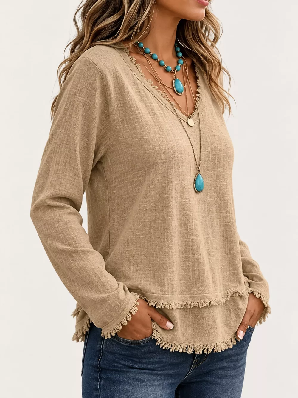Full Size Frayed Hem V-Neck Blouse Plus Size, image 2
