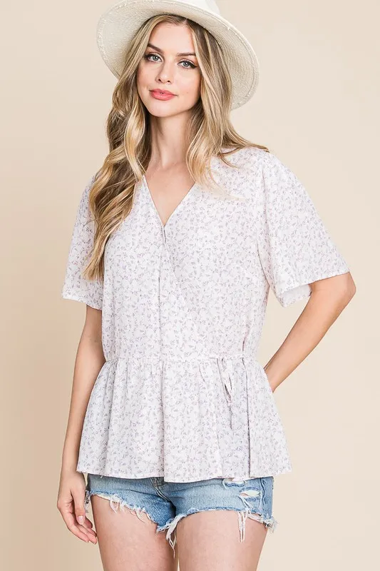 Ditsy Print V-Neck Short Sleeve Wrap Blouse, image 2