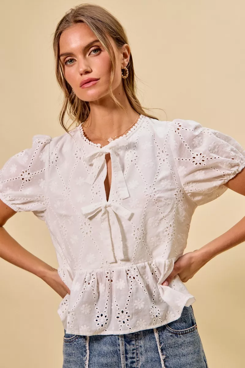 Cotton Eyelet Front Tie Short Sleeves Blouse, image 2
