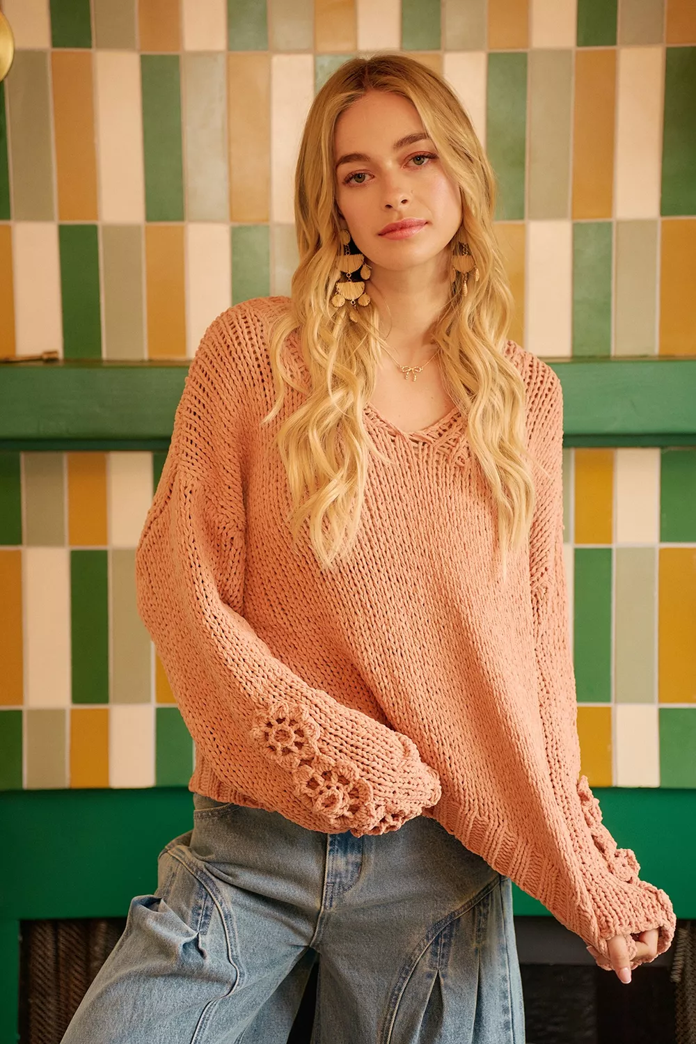 Chunky Knit Sweater with Flower Detail Sleeves, image 3