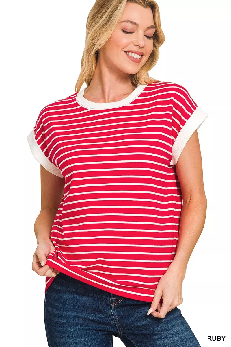 Full Size Contrast Trim Cap Sleeve Stripe Tee Plus Size