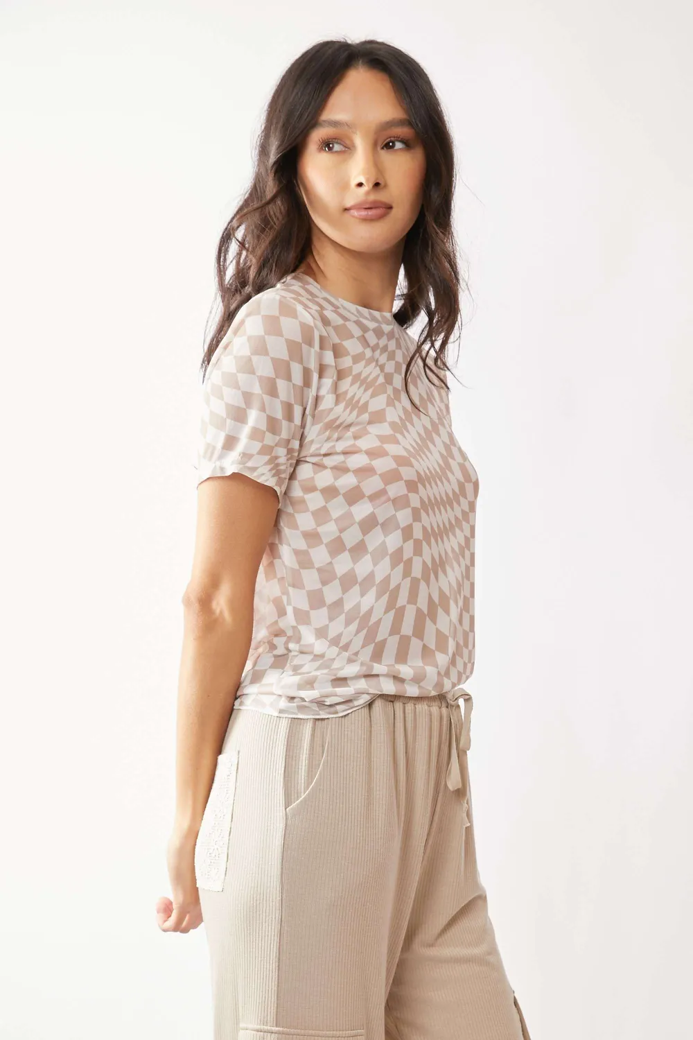 Checker Board Printed Mesh Short Sleeve Top, image 2