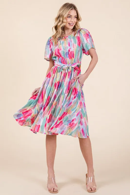 Watercolor Print Tie Front Midi Dress, image 2