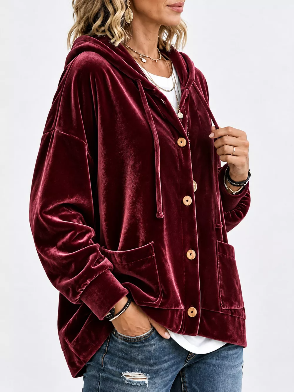Full Size Velvet Dropped Shoulder Hoodie Plus Size, image 17