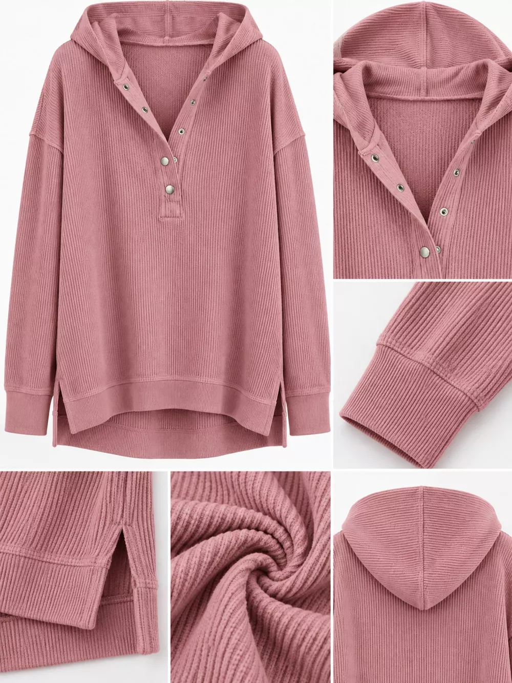 Full Size Snap Button Placket Dropped Shoulder Hoodie Plus Size, image 10