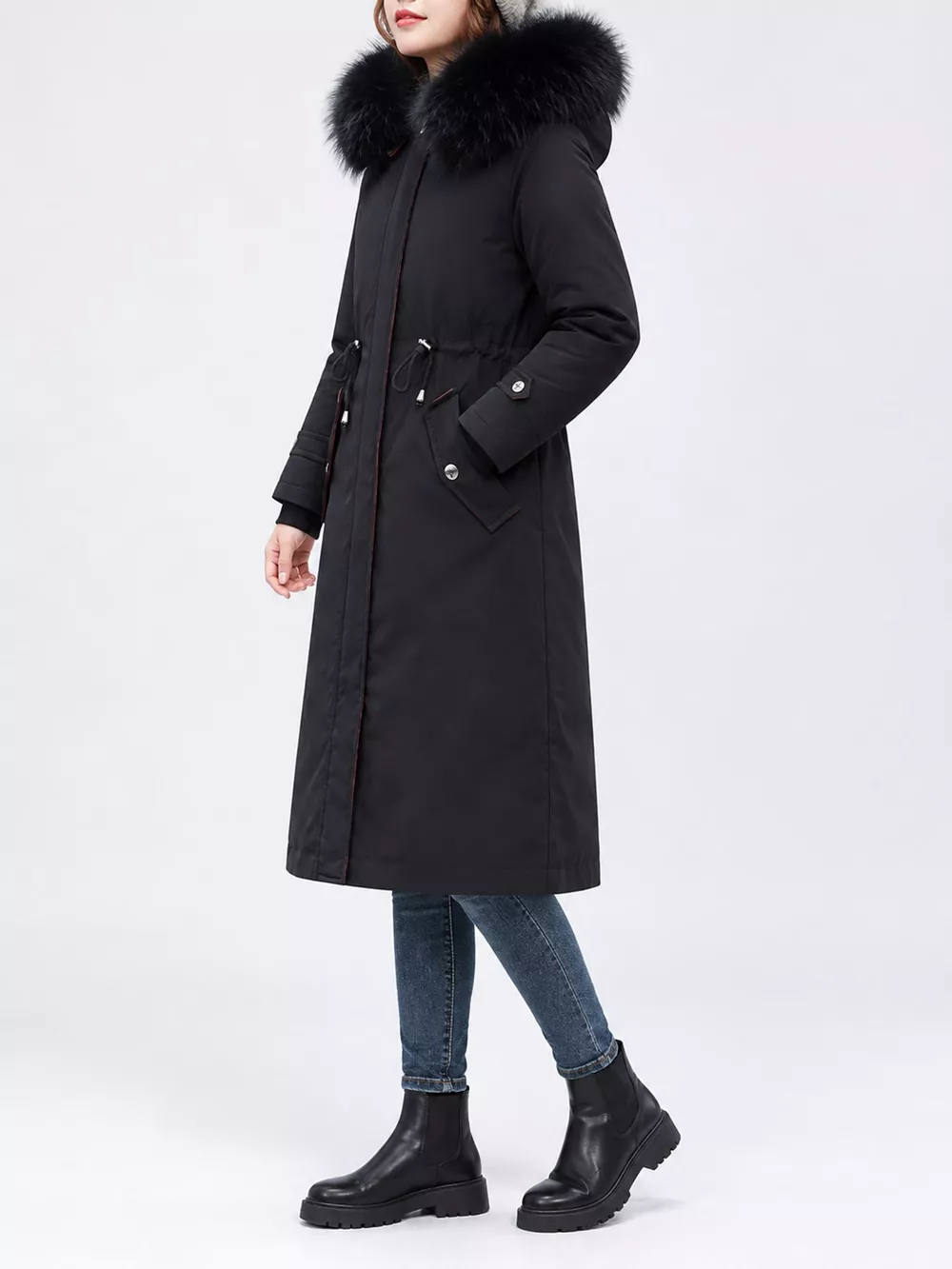 Plus Size Detachable Longline Hooded Parka with Faux Fur Trim and Drawstring Waist, image 11