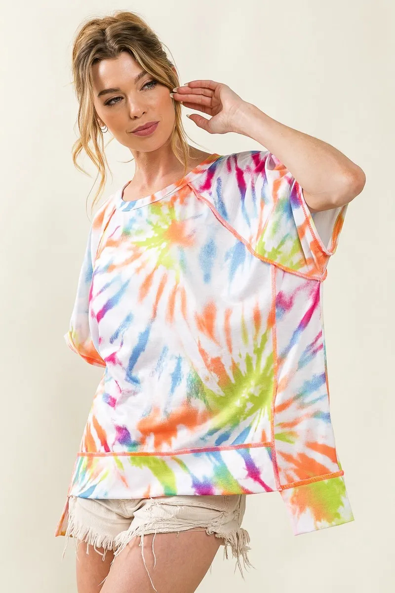 Tie Dye Print Jersey Stitched Uneven Hem Top, image 2