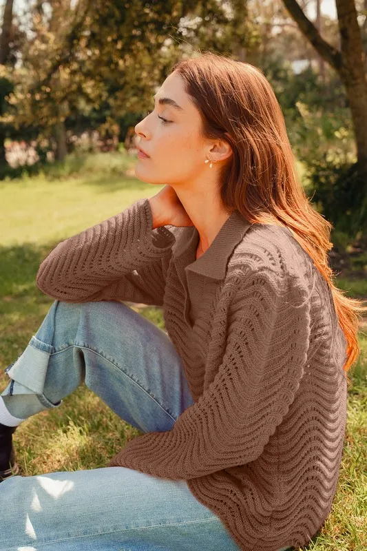 Notched Collar Wavy Texture Sweater Top, image 4