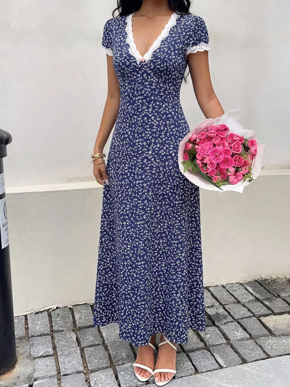 Floral Print Lace Trim Maxi Dress, image 5