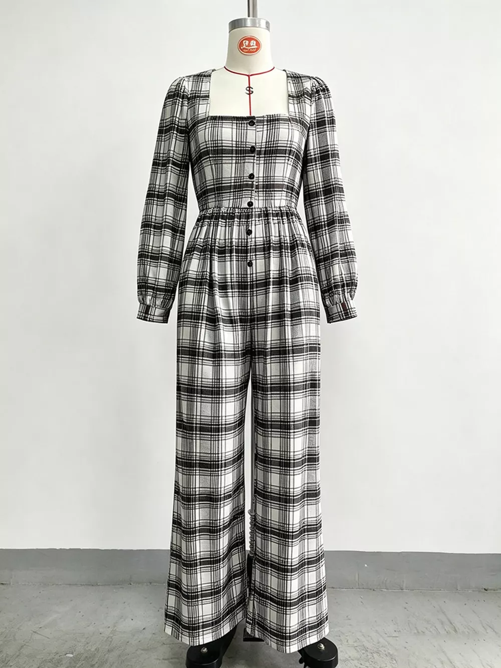 Plaid Square Neck Long Sleeve Wide-Leg Jumpsuit, image 13