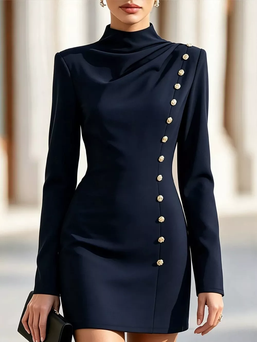 Full Size Decorative Button Mock Neck Mini Dress Plus Size, image 13