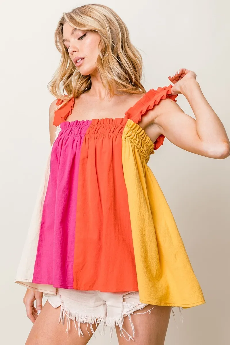 Frill Shoulder Strap Color Block Bodice Top
