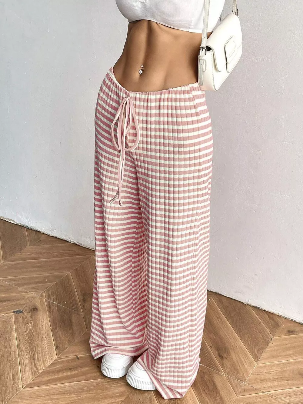 Striped Ribbed Knit Drawstring Waist Wide Leg Pants, image 6