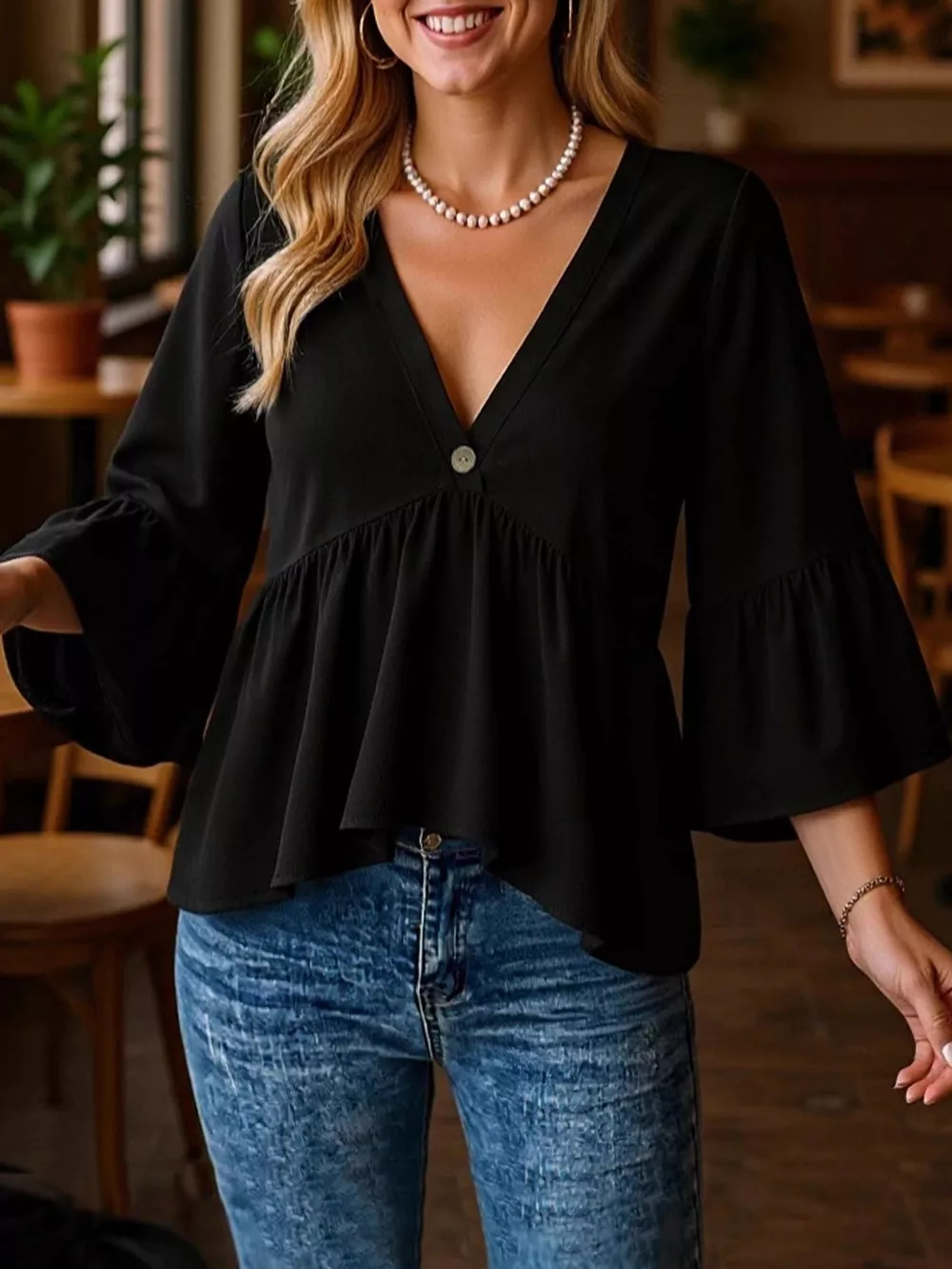V-Neck Flounce Sleeve Blouse, image 4