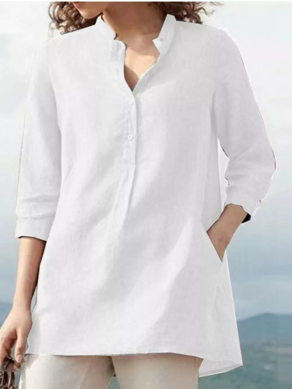 Full Size Button Detail 3/4 Sleeve Blouse Plus Size, image 34