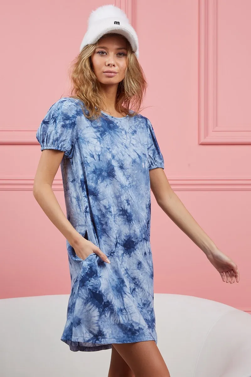 Puff Sleeve With Side Pockets Tie Dye Dress, image 12