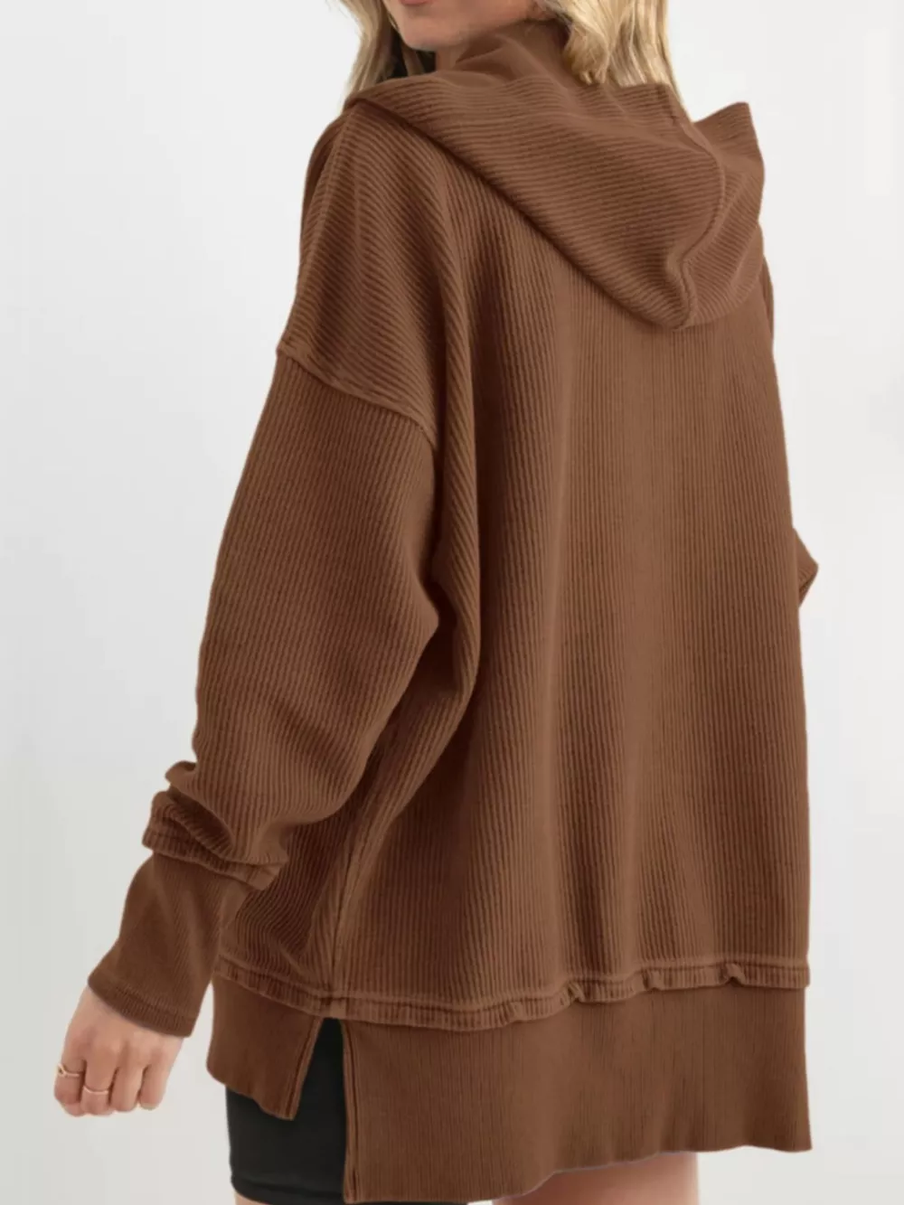 Full Size Snap Button Placket Dropped Shoulder Hoodie Plus Size, image 37