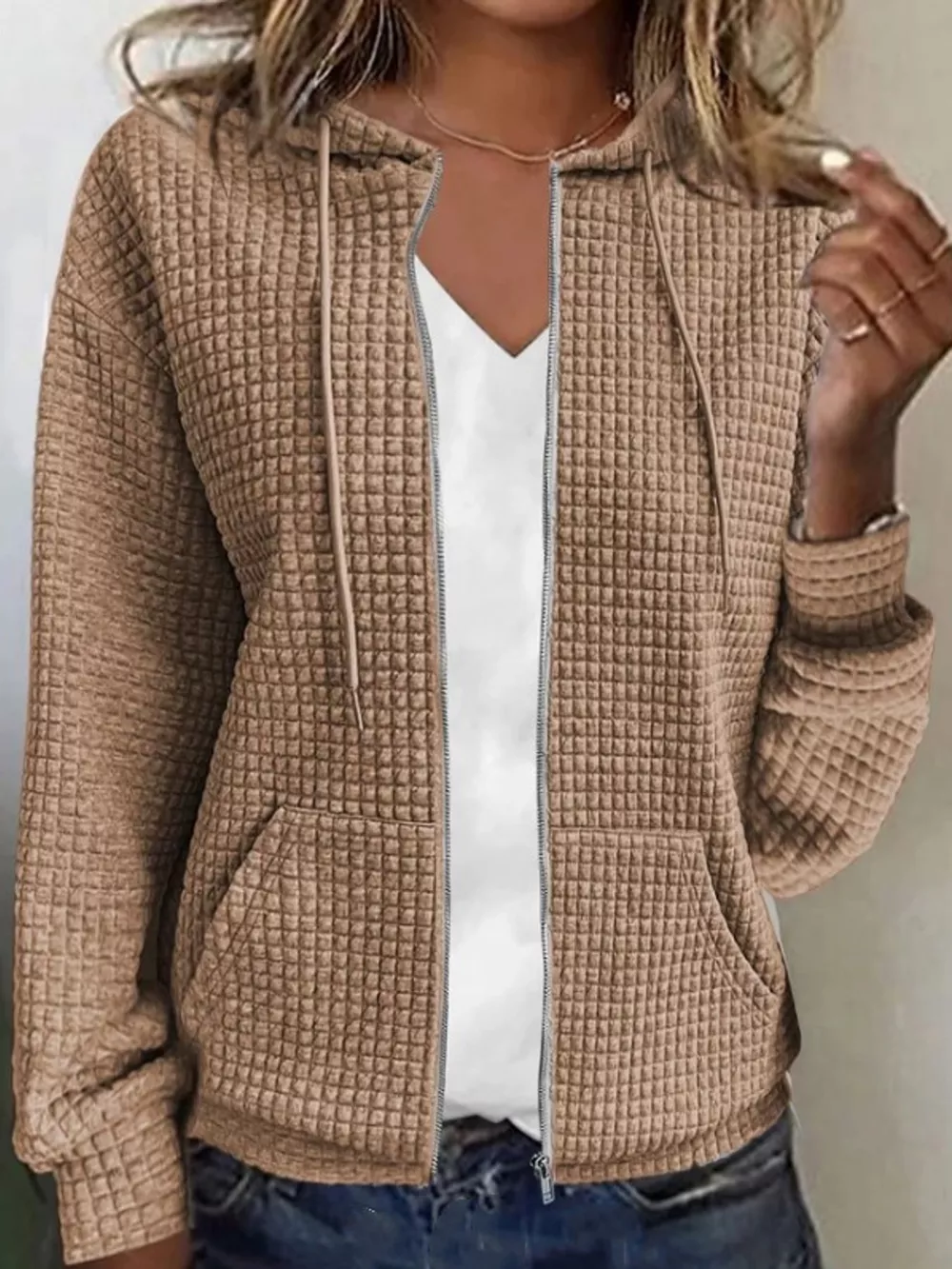 Waffle Knit Zip-Up Hoodie with Drawstring and Pockets, image 19