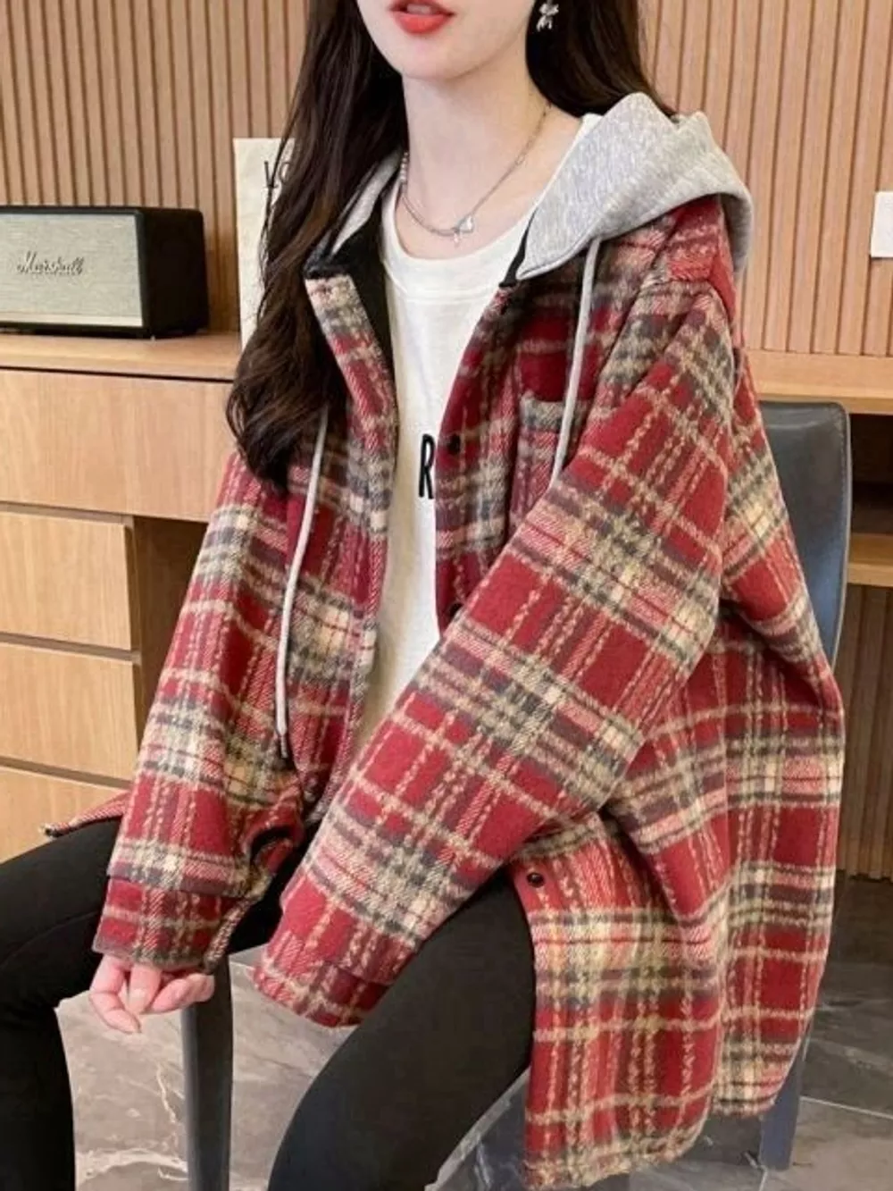 Plaid Button Up Hooded Shacket, image 3