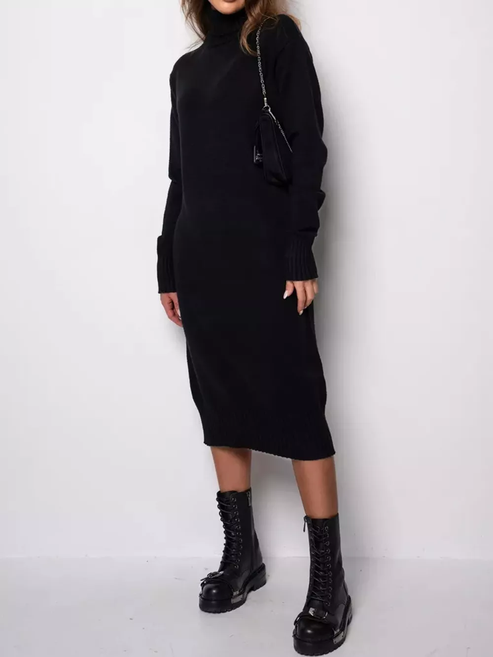 Turtleneck Ribbed Knit Sweater Dress, image 5