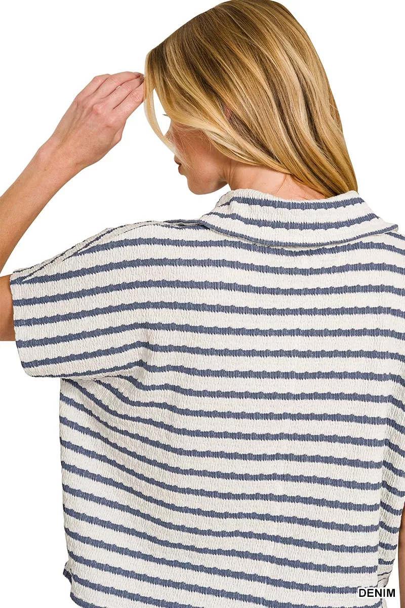 Striped Split Neck Collared Top, image 3