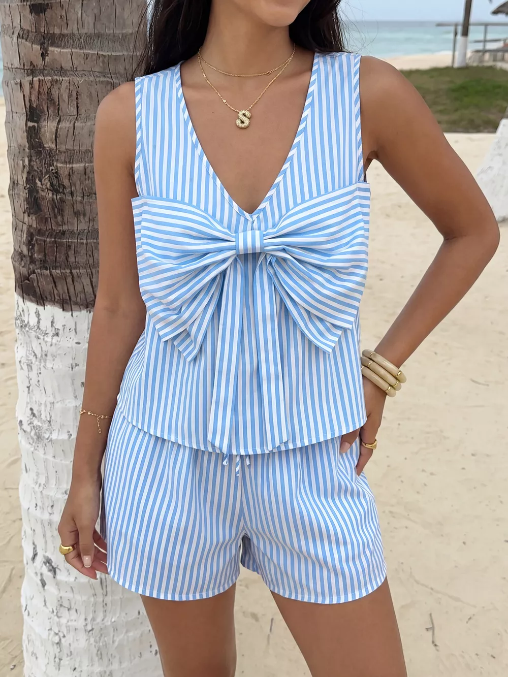 Striped Bowknot Sleeveless Top & Shorts Set, image 3