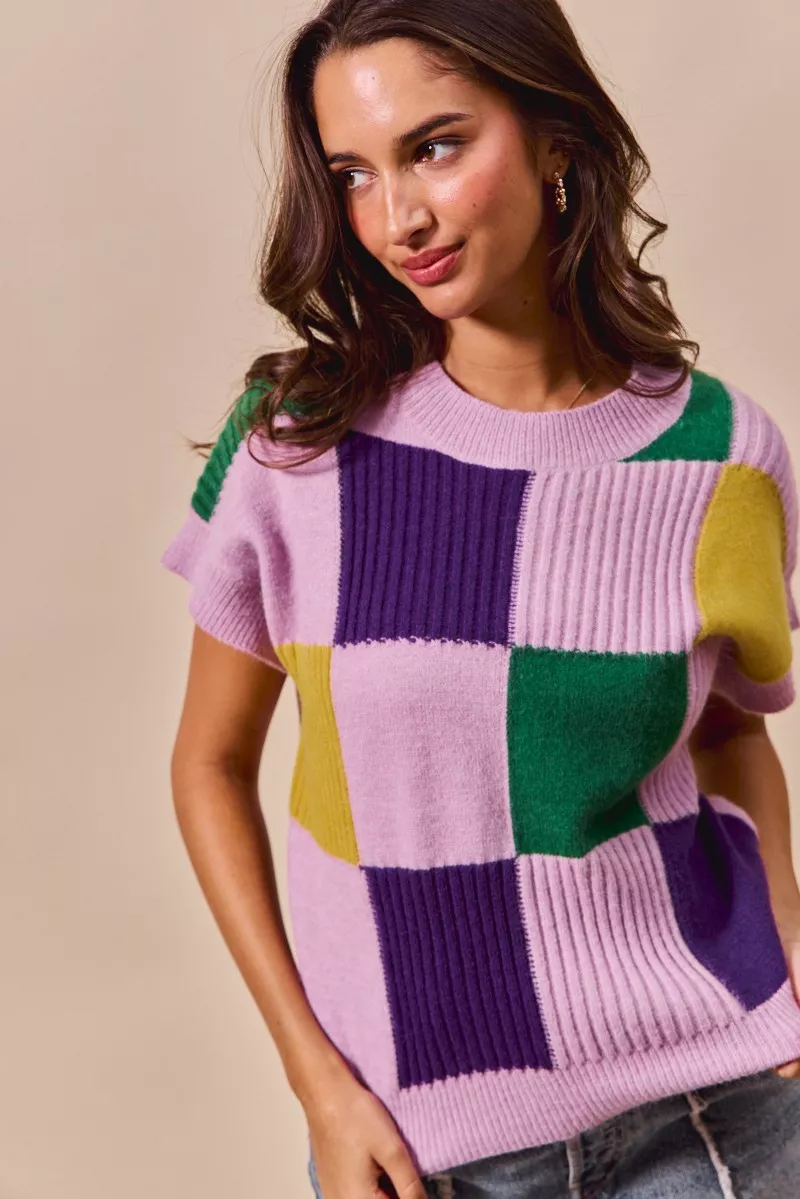 Mardi Gras Check Plaid Casual Sweater Top, image 3