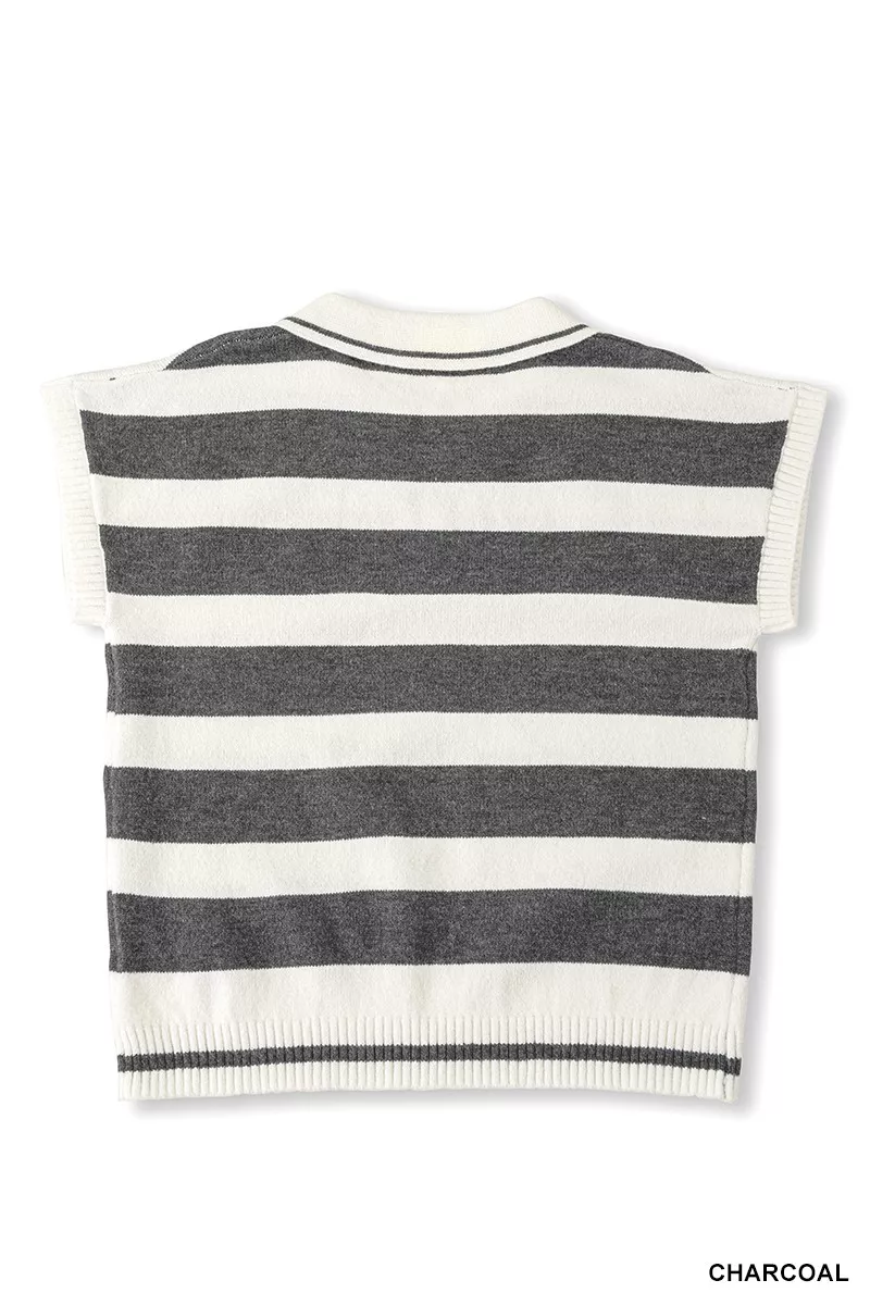 Striped Collared Short Sleeve Sweater, image 2