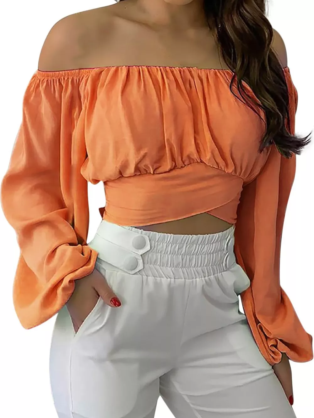 Off-Shoulder Long Sleeve Cropped Blouse, image 6