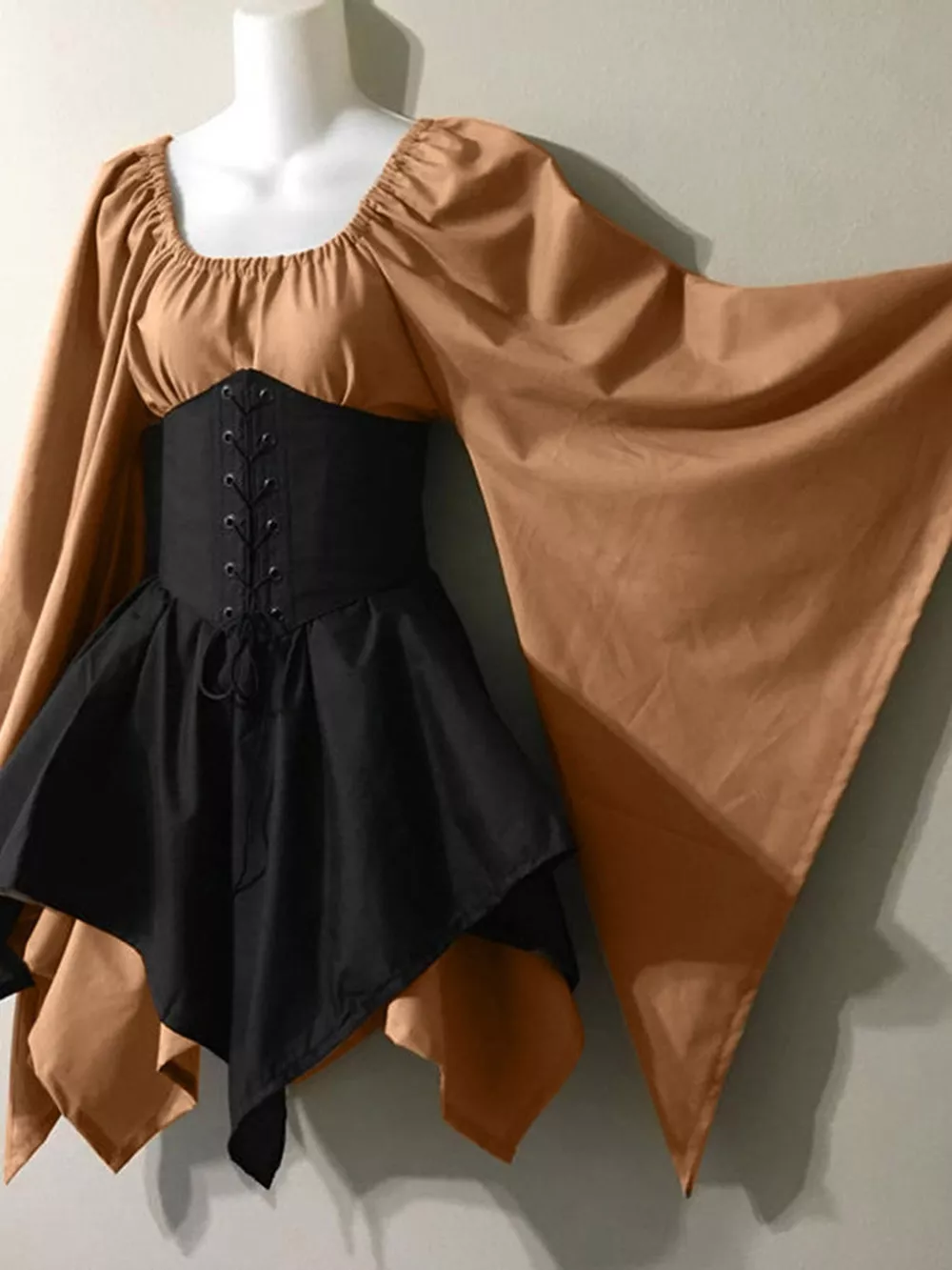Full Size Lace-Up Flare Sleeve Irregular Hem Dress Plus Size, image 5