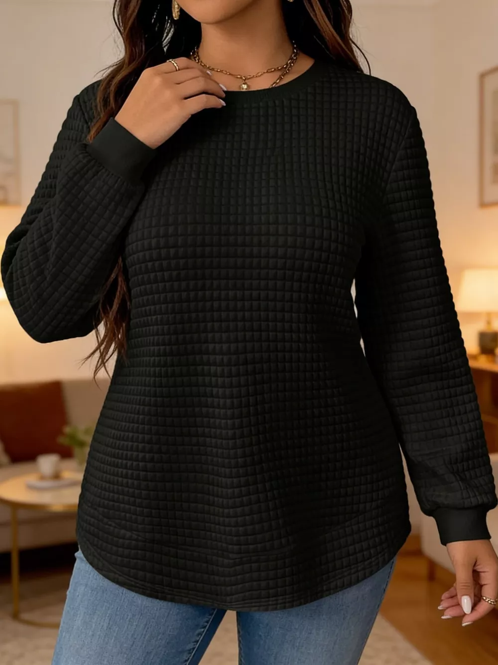 Plus Size Textured Waffle Knit Crew Neck Sweatshirt, image 9