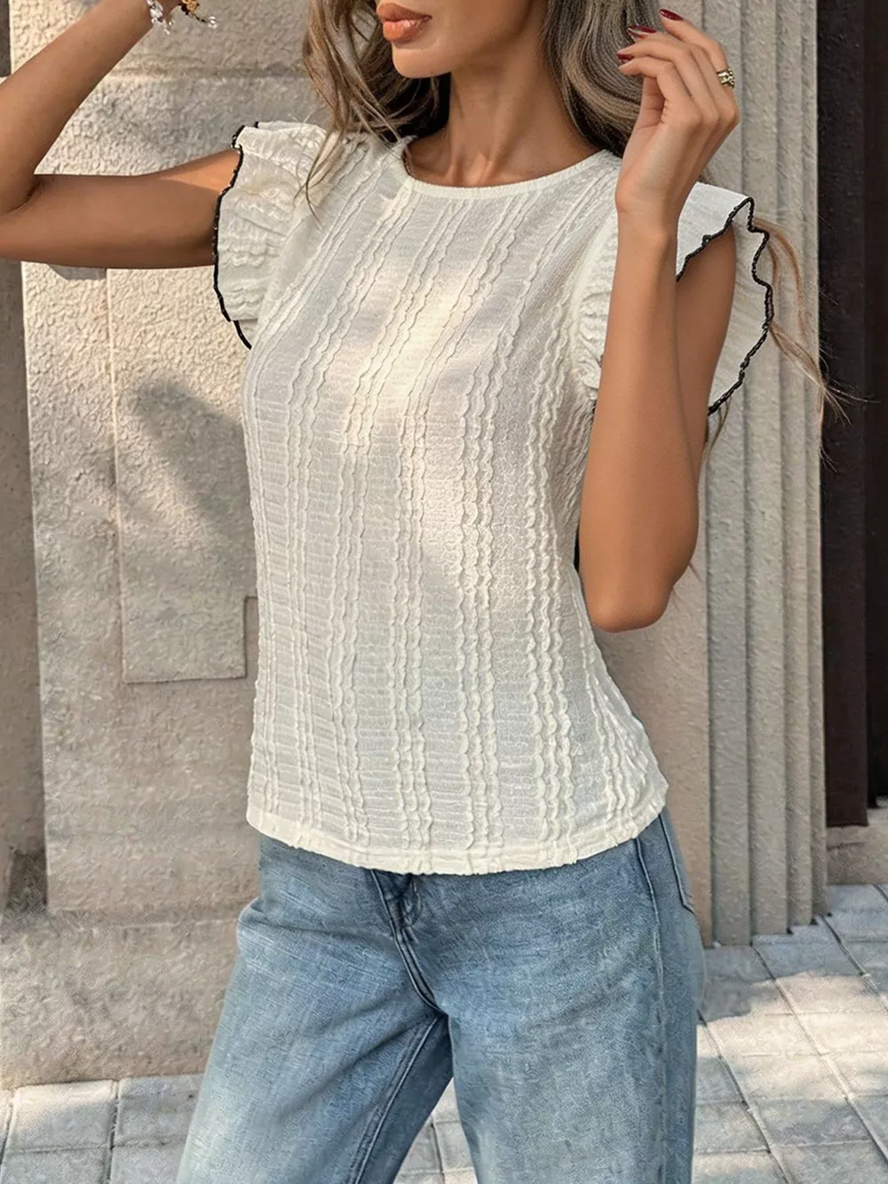 Textured Ruffle Sleeve Slim Fit Top, image 5
