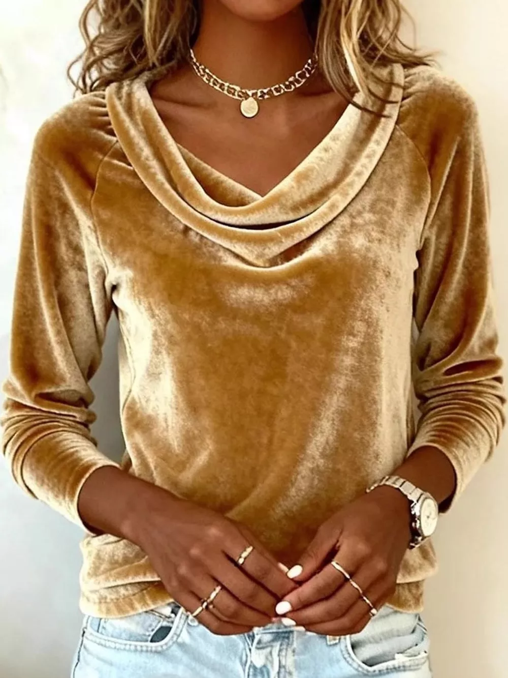 Full Size Velvet Cowl Neck Long Sleeve T-Shirt Plus Size, image 2