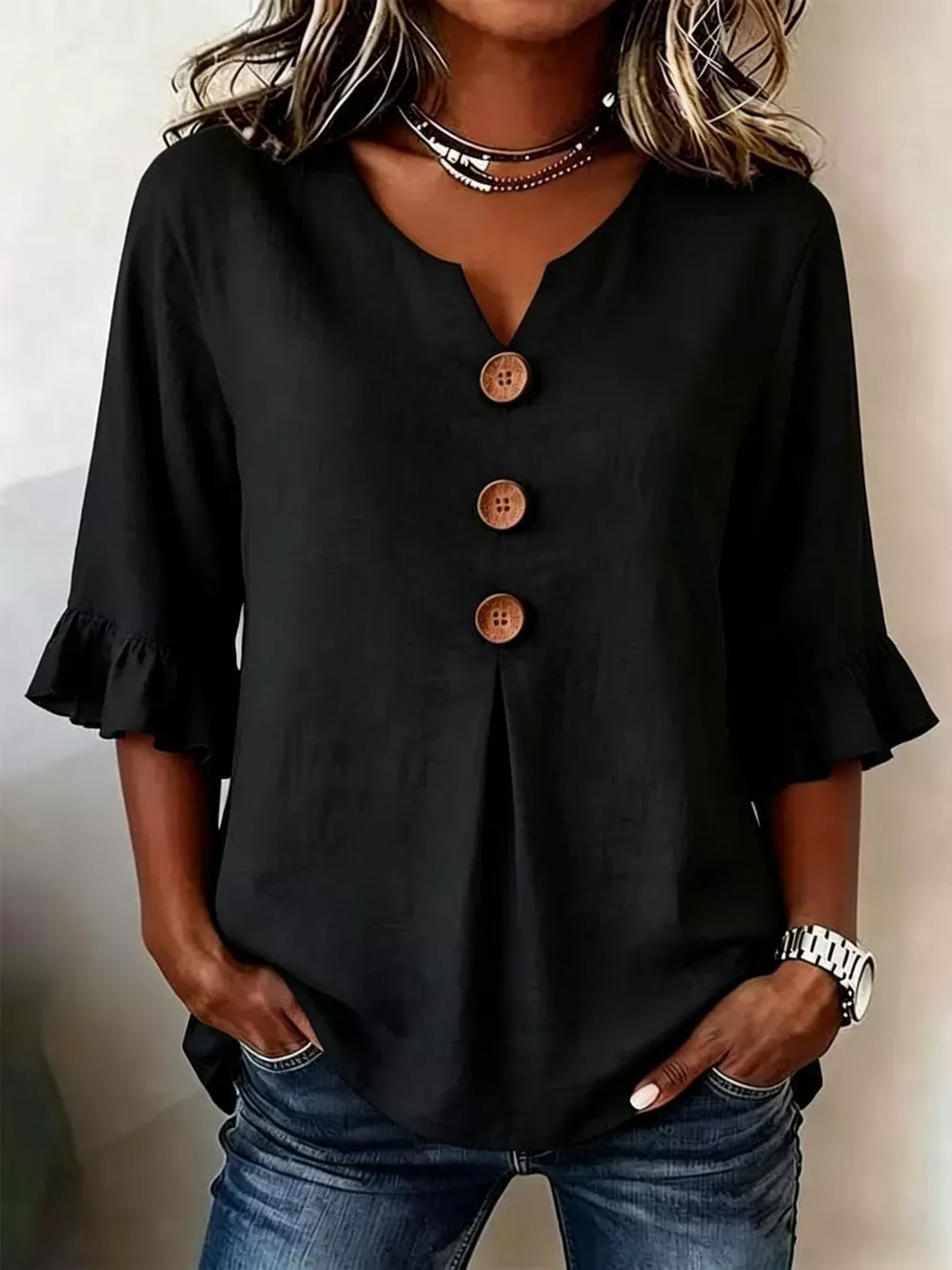 Full Size Casual Ruffle‑Sleeve Decor‑Button Top Plus Size, image 3