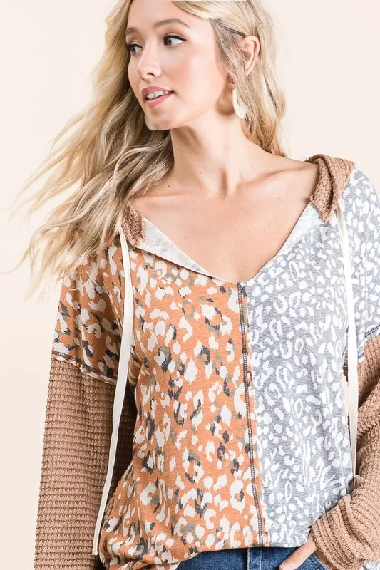 Popcorn Waffle Knit Hoodie with Print Block Front, image 2