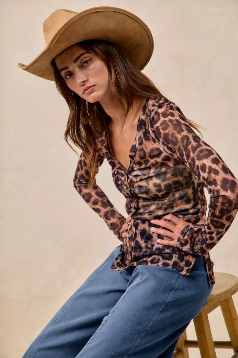 Leopard Printed Mesh Shirt With Button Up V Neck, image 9