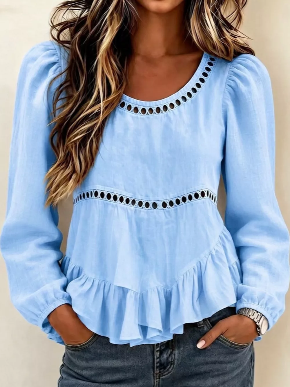 Long Sleeve Blouse with Eyelet Lace Trim and Ruffled Hem, image 18