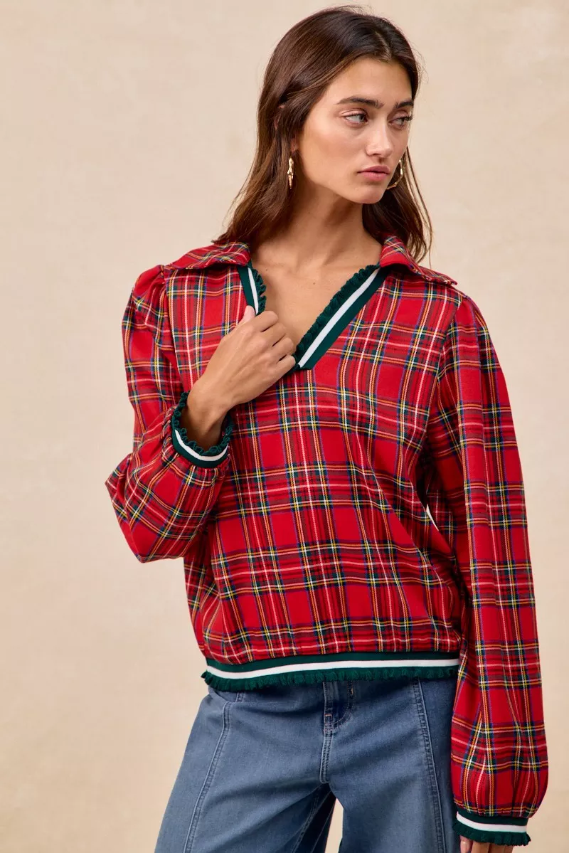 Christmas Plaid Collared Top with Ruffled Detail, image 4